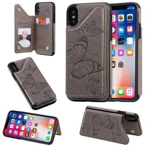 iPhone X & XS Butterfly Embossing Pattern Shockproof Protective Case with Holder & Card Slots & Photo Frame - Gray