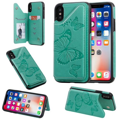 iPhone X & XS Butterfly Embossing Pattern Shockproof Protective Case with Holder & Card Slots & Photo Frame - Green