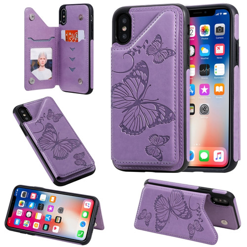 iPhone X & XS Butterfly Embossing Pattern Shockproof Protective Case with Holder & Card Slots & Photo Frame - Purple