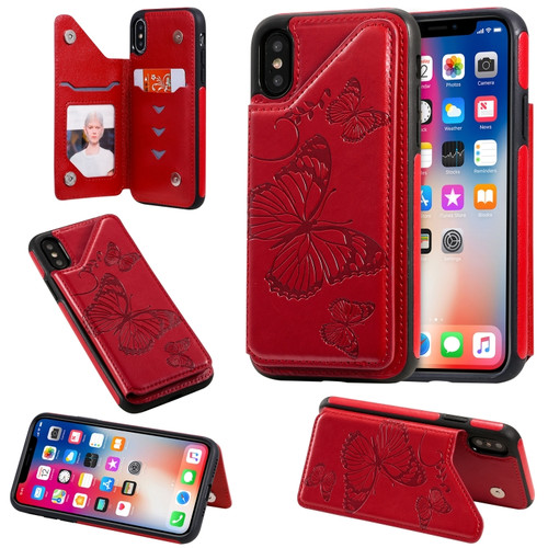 iPhone X & XS Butterfly Embossing Pattern Shockproof Protective Case with Holder & Card Slots & Photo Frame - Red