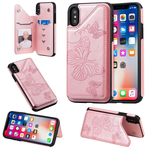 iPhone X & XS Butterfly Embossing Pattern Shockproof Protective Case with Holder & Card Slots & Photo Frame - Rose Gold