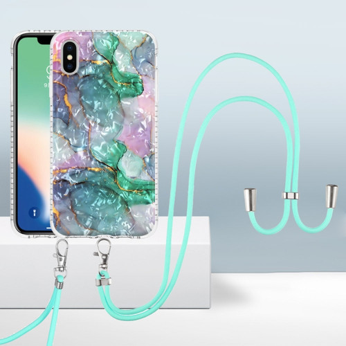 iPhone X / XS 2.0mm Airbag Shockproof TPU Phone Case with Lanyard - Ink Green Marble