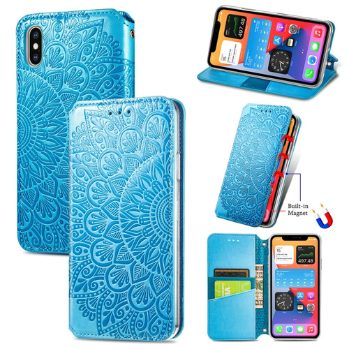 iPhone X / XS Blooming Mandala Embossed Pattern Magnetic Horizontal Flip Leather Case with Holder & Card Slots & Wallet - Blue
