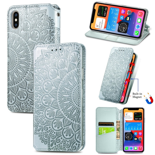 iPhone X / XS Blooming Mandala Embossed Pattern Magnetic Horizontal Flip Leather Case with Holder & Card Slots & Wallet - Grey
