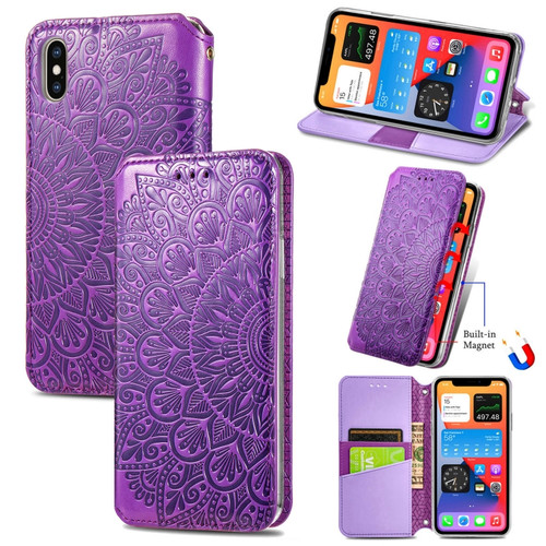iPhone X / XS Blooming Mandala Embossed Pattern Magnetic Horizontal Flip Leather Case with Holder & Card Slots & Wallet - Purple