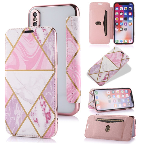 iPhone X / XS Bronzing Plating PU + TPU Horizontal Flip Leather Case with Holder & Card Slot - Pink White