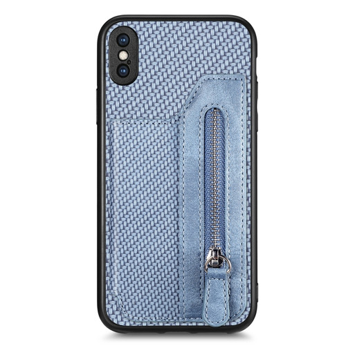 iPhone X / XS Carbon Fiber Horizontal Flip Zipper Wallet Phone Case - Blue