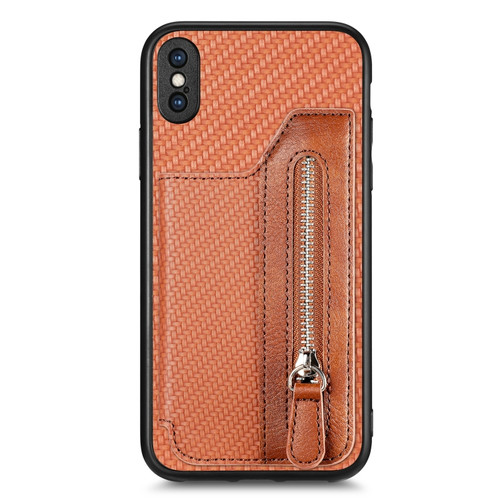 iPhone X / XS Carbon Fiber Horizontal Flip Zipper Wallet Phone Case - Brown