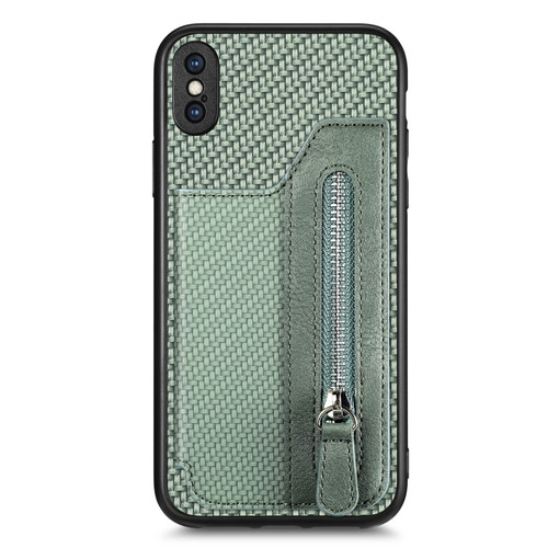 iPhone X / XS Carbon Fiber Horizontal Flip Zipper Wallet Phone Case - Green