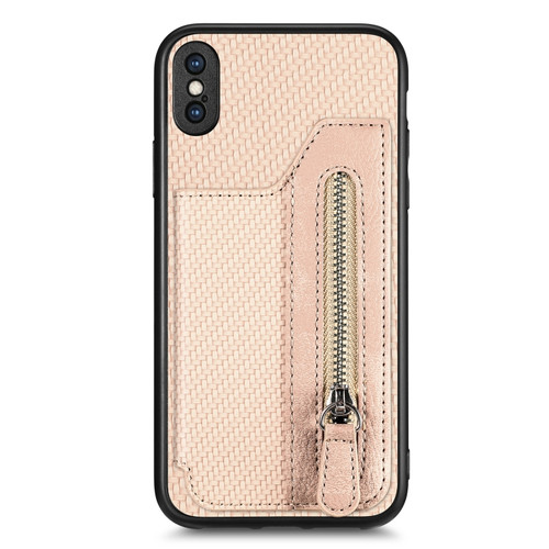 iPhone X / XS Carbon Fiber Horizontal Flip Zipper Wallet Phone Case - Khaki