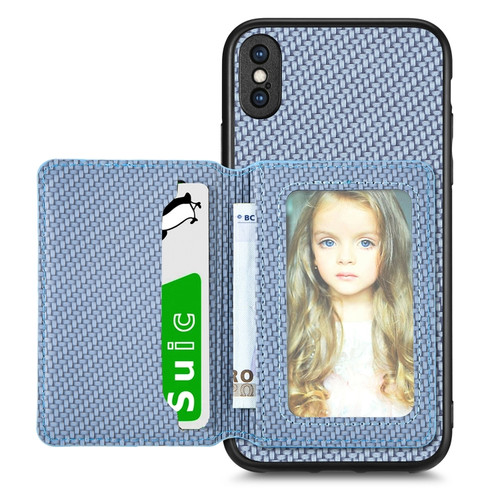 iPhone X / XS Carbon Fiber Magnetic Card Bag Phone Case - Blue