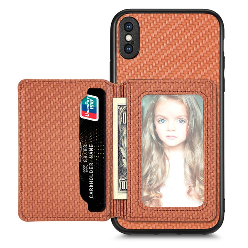 iPhone X / XS Carbon Fiber Magnetic Card Bag Phone Case - Brown