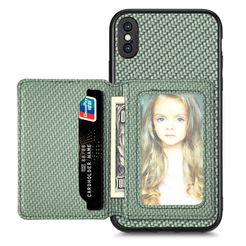iPhone X / XS Carbon Fiber Magnetic Card Bag Phone Case - Green