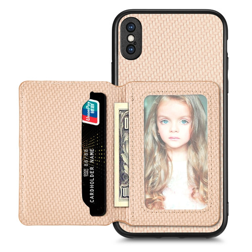 iPhone X / XS Carbon Fiber Magnetic Card Bag Phone Case - Khaki