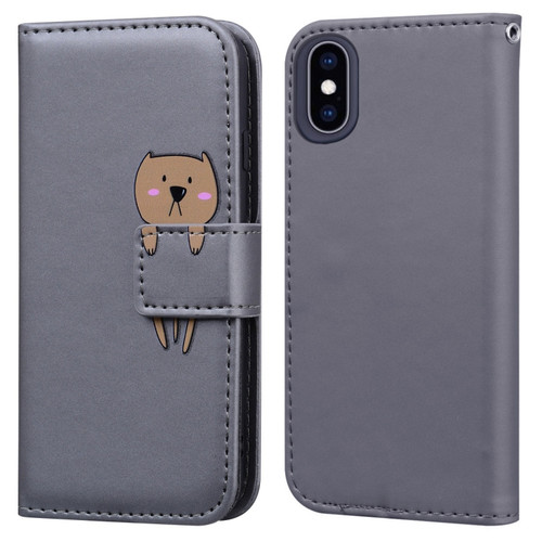 iPhone X / XS Cartoon Buckle Horizontal Flip Leather Phone Case - Grey