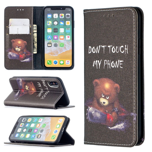 iPhone X / XS Colored Drawing Pattern Invisible Magnetic Horizontal Flip PU Leather Case with Holder & Card Slots & Wallet - Bear