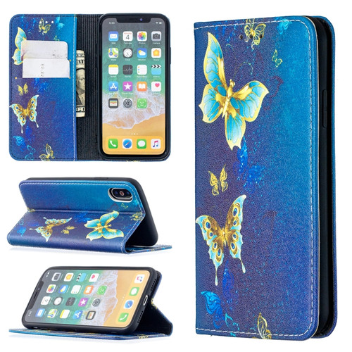 iPhone X / XS Colored Drawing Pattern Invisible Magnetic Horizontal Flip PU Leather Case with Holder & Card Slots & Wallet - Gold Butterflies