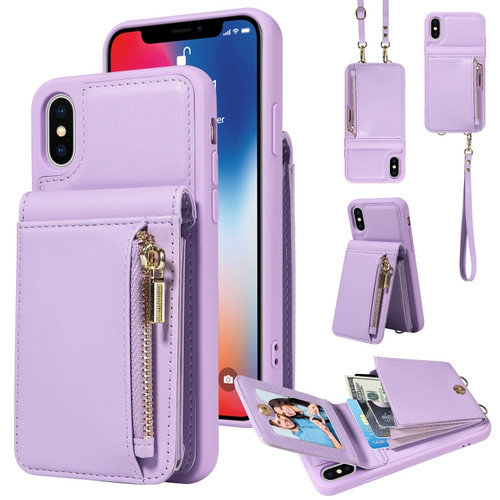 iPhone X / XS Crossbody Lanyard Zipper Wallet Leather Phone Case - Purple