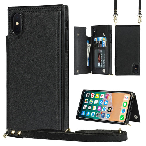 iPhone X / XS Cross-body Square Double Buckle Flip Card Bag TPU+PU Case with Card Slots & Wallet & Photo & Strap - Black