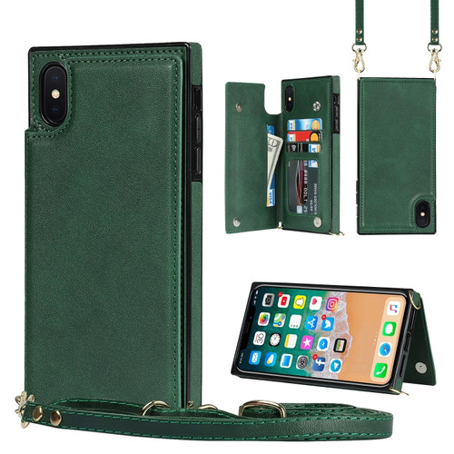 iPhone X / XS Cross-body Square Double Buckle Flip Card Bag TPU+PU Case with Card Slots & Wallet & Photo & Strap - Green