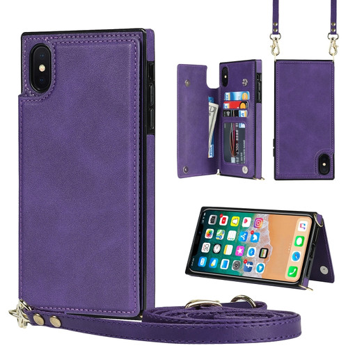 iPhone X / XS Cross-body Square Double Buckle Flip Card Bag TPU+PU Case with Card Slots & Wallet & Photo & Strap - Purple