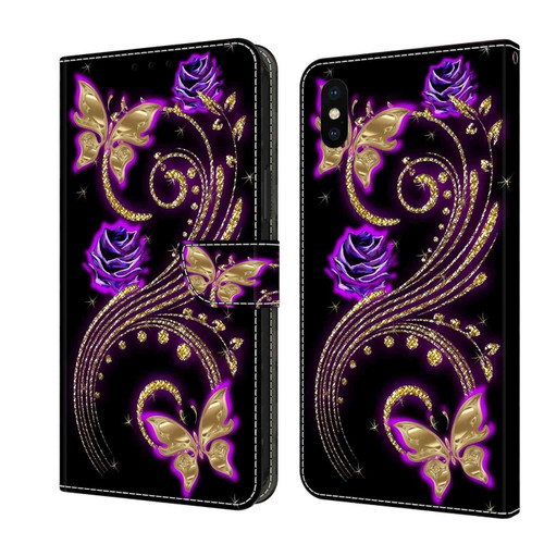 iPhone X / XS Crystal 3D Shockproof Protective Leather Phone Case - Purple Flower Butterfly