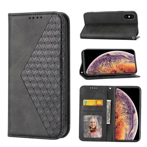 iPhone X / XS Cubic Grid Calf Texture Magnetic Closure Leather Phone Case - Black