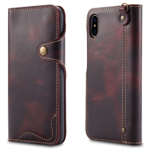 iPhone X / XS Denior Oil Wax Cowhide Magnetic Button Horizontal Flip Leather Case with Card Slots & Wallet - Dark Red