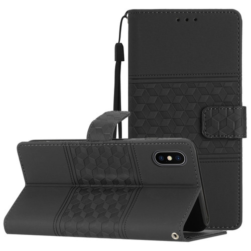 iPhone X / XS Diamond Embossed Skin Feel Leather Phone Case with Lanyard - Black