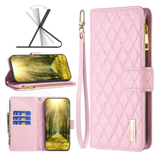 iPhone X / XS Diamond Lattice Zipper Wallet Leather Flip Phone Case - Pink