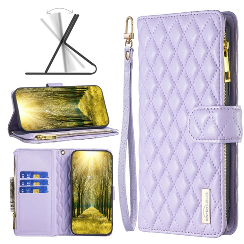 iPhone X / XS Diamond Lattice Zipper Wallet Leather Flip Phone Case - Purple