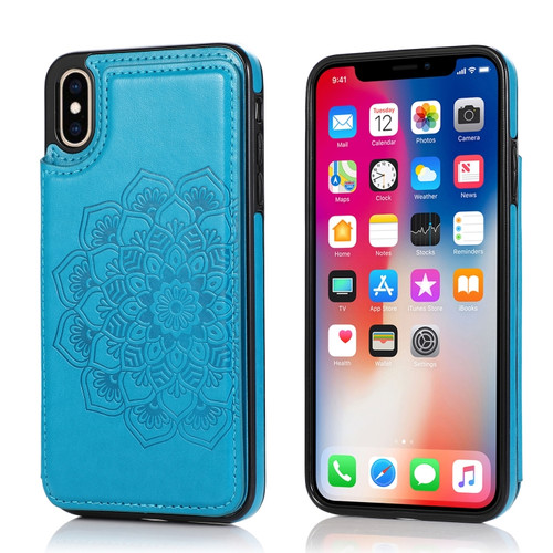 iPhone X / XS Double Buckle Mandala Pattern PU+TPU Protective Case with Card Slots & Holder & Photo Frame - Blue