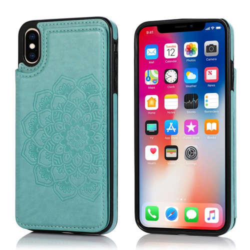 iPhone X / XS Double Buckle Mandala Pattern PU+TPU Protective Case with Card Slots & Holder & Photo Frame - Green