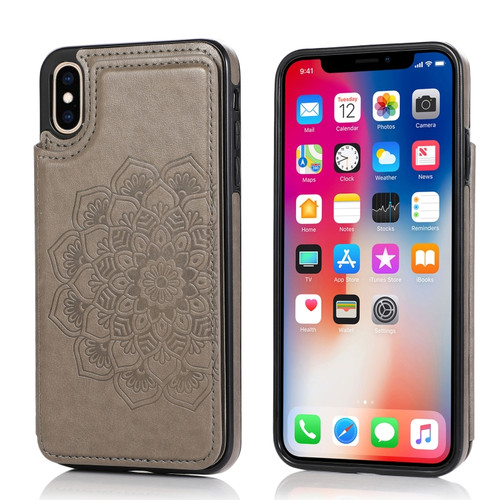 iPhone X / XS Double Buckle Mandala Pattern PU+TPU Protective Case with Card Slots & Holder & Photo Frame - Grey