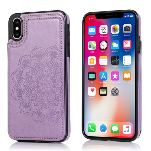 iPhone X / XS Double Buckle Mandala Pattern PU+TPU Protective Case with Card Slots & Holder & Photo Frame - Purple