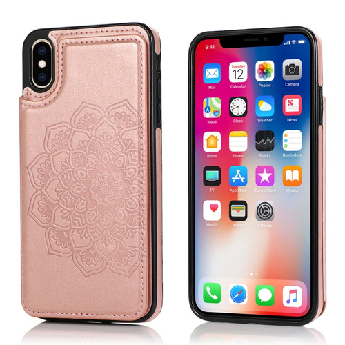 iPhone X / XS Double Buckle Mandala Pattern PU+TPU Protective Case with Card Slots & Holder & Photo Frame - Rose Gold