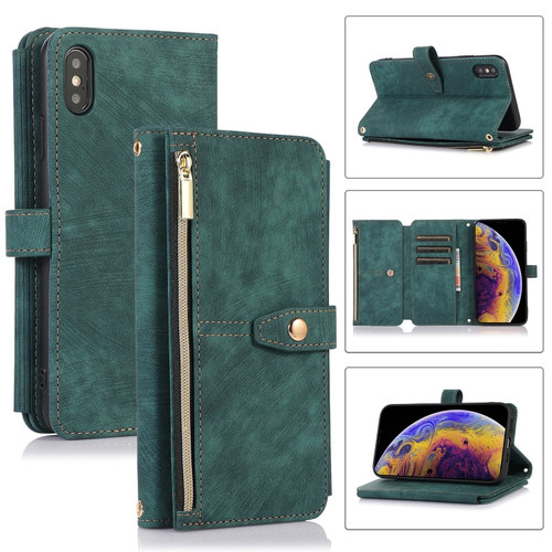 iPhone X / XS Dream 9-Card Wallet Zipper Bag Leather Phone Case - Green