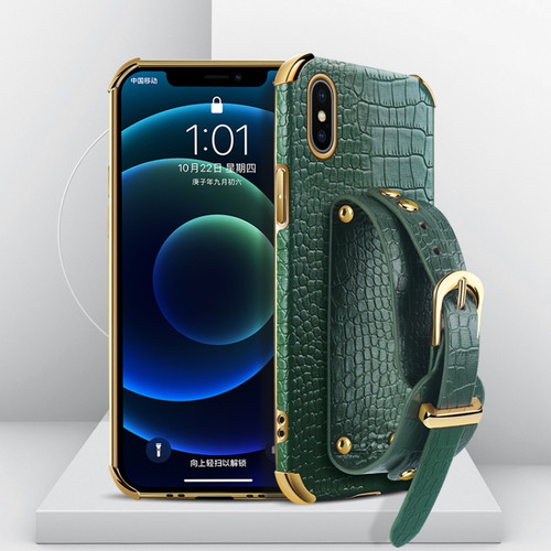 iPhone X / XS Electroplated TPU Crocodile Pattern Leather Case with Wrist Strap - Green