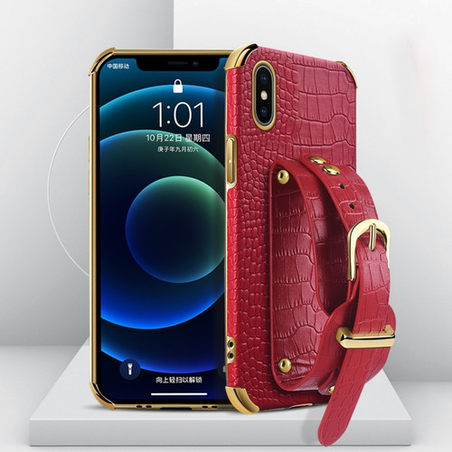iPhone X / XS Electroplated TPU Crocodile Pattern Leather Case with Wrist Strap - Red