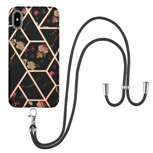 iPhone X / XS Electroplating Splicing Marble Flower Pattern TPU Shockproof Case with Lanyard - Black Flower