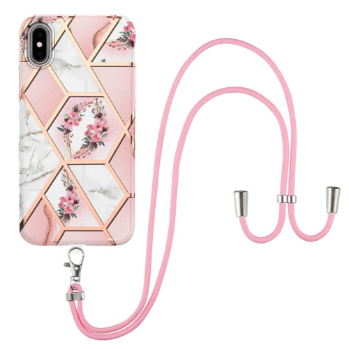 iPhone X / XS Electroplating Splicing Marble Flower Pattern TPU Shockproof Case with Lanyard - Pink Flower