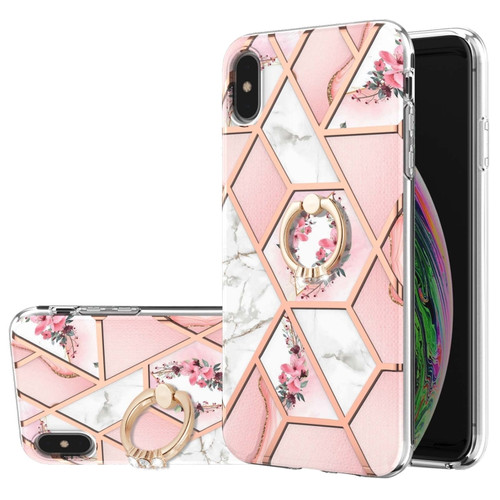 iPhone X / XS Electroplating Splicing Marble Flower Pattern TPU Shockproof Case with Rhinestone Ring Holder - Pink Flower