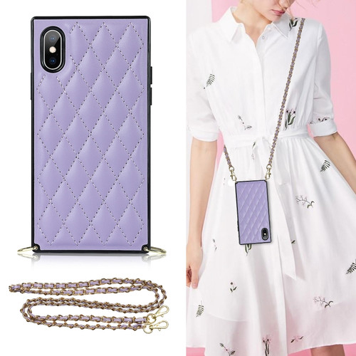 iPhone X / XS Elegant Rhombic Pattern Microfiber Leather +TPU Shockproof Case with Crossbody Strap Chain - Purple