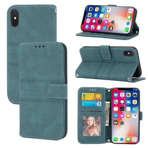 iPhone X / XS Embossed Striped Magnetic Buckle PU + TPU Horizontal Flip Leather Case with Holder & Card Slot & Wallet & Photo Frame & Sling - Green