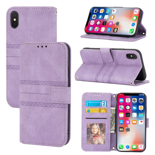 iPhone X / XS Embossed Striped Magnetic Buckle PU + TPU Horizontal Flip Leather Case with Holder & Card Slot & Wallet & Photo Frame & Sling - Purple