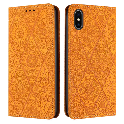iPhone X / XS Ethnic Embossed Adsorption Leather Phone Case - Yellow
