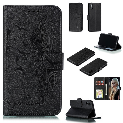 iPhone X / XS Feather Pattern Litchi Texture Horizontal Flip Leather Case with Wallet & Holder & Card Slots - Black