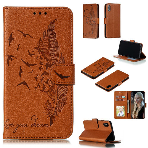 iPhone X / XS Feather Pattern Litchi Texture Horizontal Flip Leather Case with Wallet & Holder & Card Slots - Brown