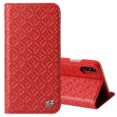iPhone X / XS Fierre Shann Copper Texture Magnetic Horizontal Flip Genuine Leather Case with Holder & Card Slot - Red