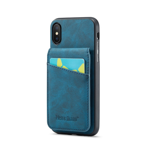 iPhone X / XS Fierre Shann Crazy Horse Card Holder Back Cover PU Phone Case - Blue